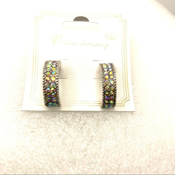 Earrings Crystal Crescent iridescent double row. Pierced - Picture 8 of 16